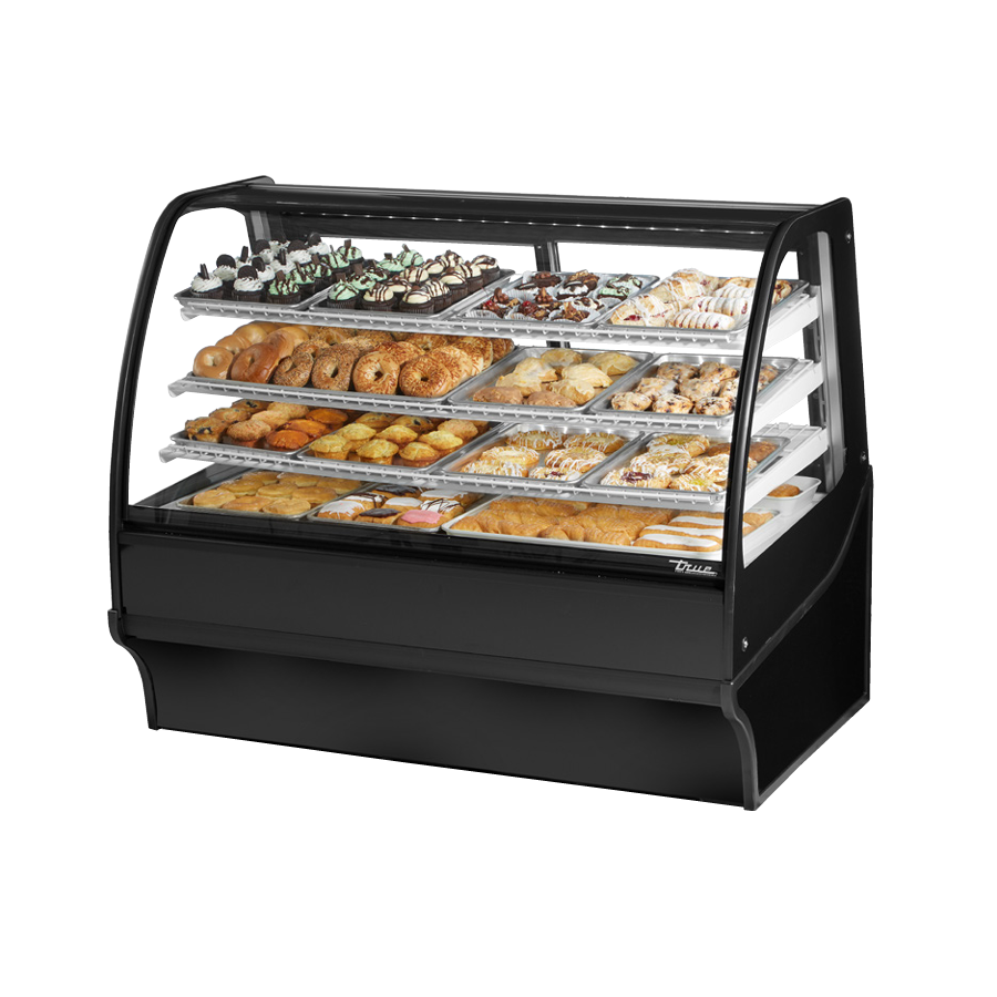 Curved glass bakery display case showcasing pastries in True Refrigeration TDM-DC-59-GE/GE-B-W
