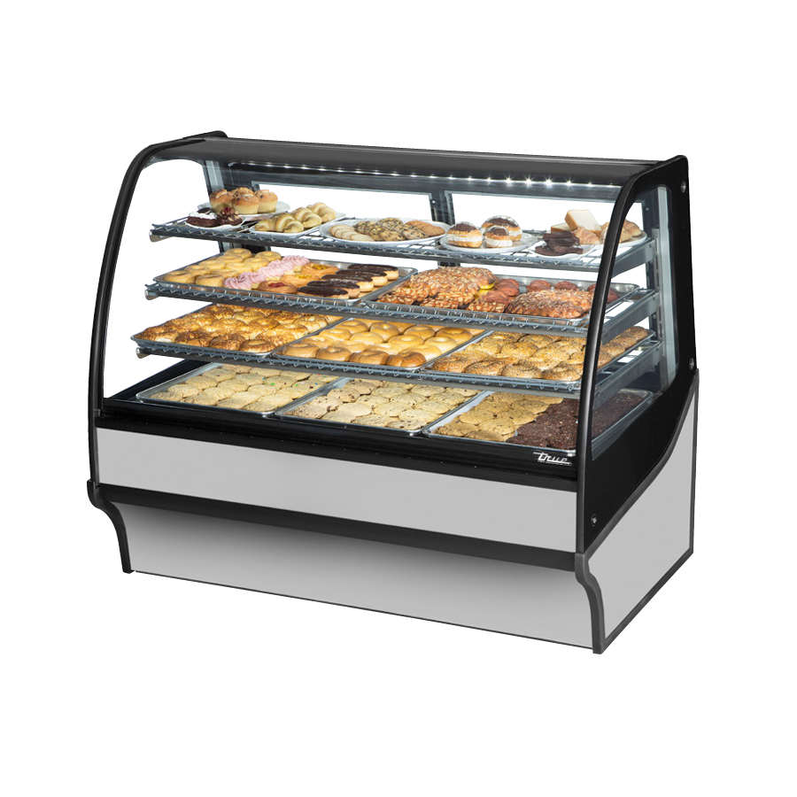 Curved glass display merchandiser showcasing pastries in True Refrigeration TDM-DC-59-GE/GE-S-S