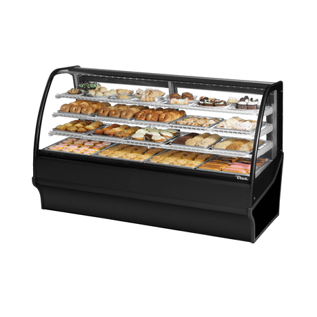 Curved glass display case of True Refrigeration TDM-DZ-48-GE/GE-B-W filled with pastries