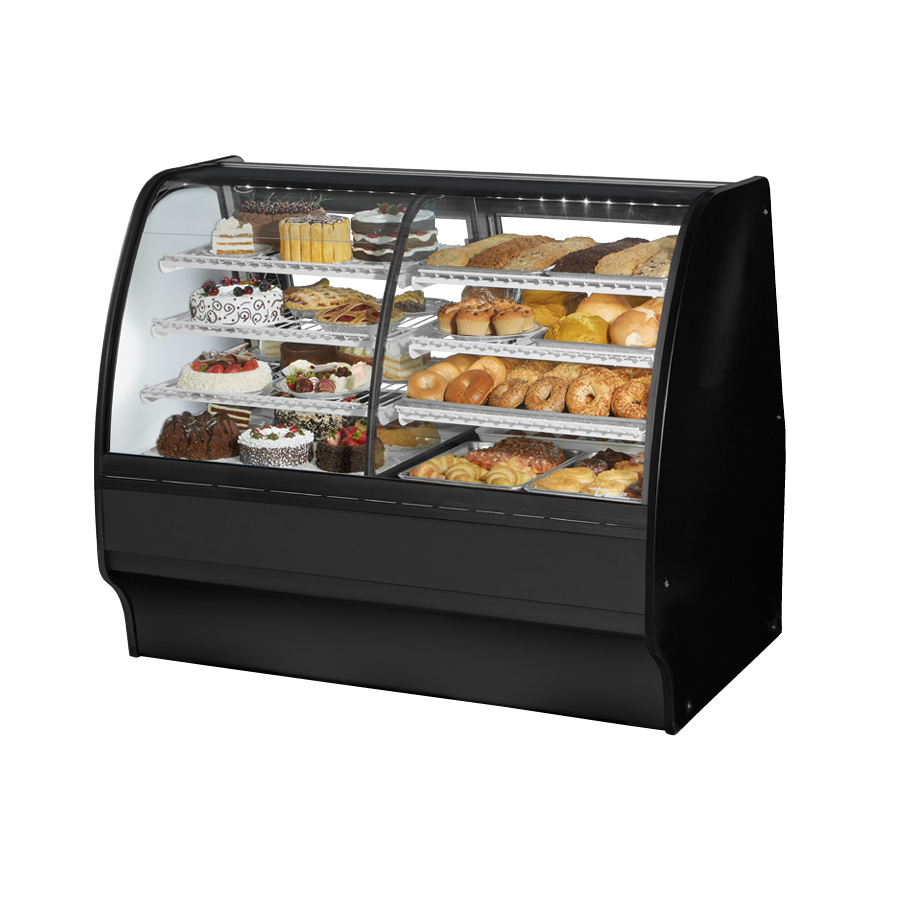 Curved glass bakery display case in True Refrigeration TDM-DZ-59-GE/GE-B-W dual zone merchandiser