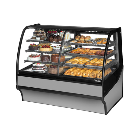 Curved glass display case showcasing pastries in the True Refrigeration TDM-DZ-59-GE/GE-S-W