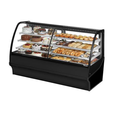 Curved glass display merchandiser TDM-DZ-77-GE GE-B-W showcasing pastries and baked goods