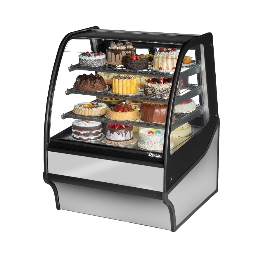 Refrigerated display case showcasing cakes and desserts in True Refrigeration TDM-R-36-GE/GE-S-W