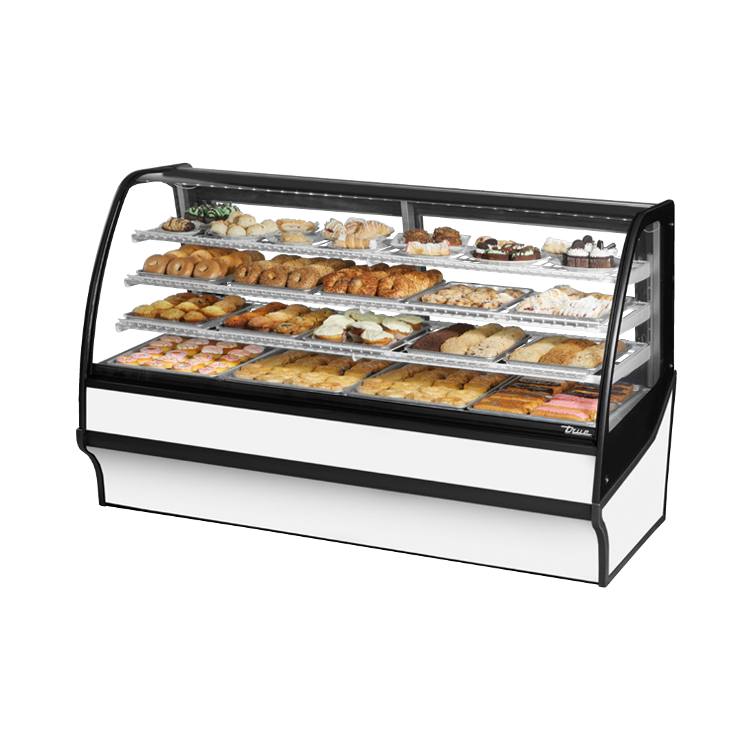 Curved glass display merchandiser TDM-R-77-GE/GE-S-W showcasing assorted pastries