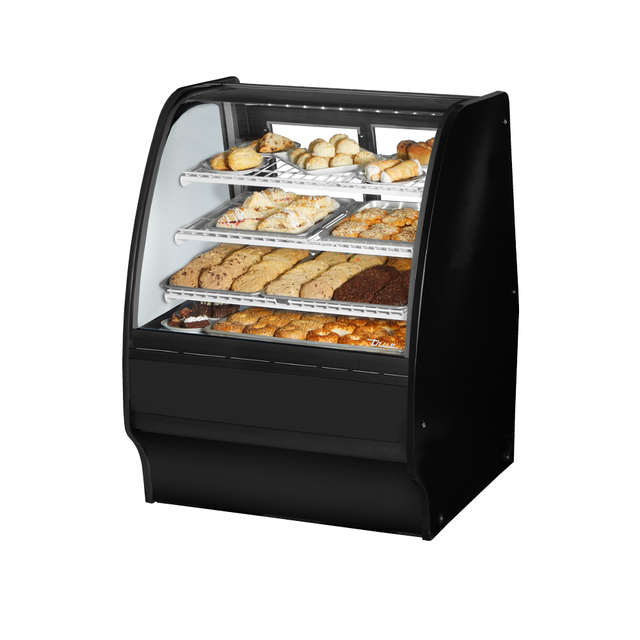 Curved-glass bakery display case showcasing pastries in True Refrigeration TGM-DC-36-SC/SC-B-W