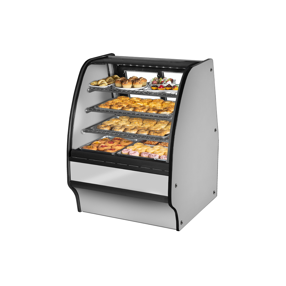 Curved-glass bakery display case showcasing pastries in True Refrigeration TGM-DC-36-SC/SC-S-S