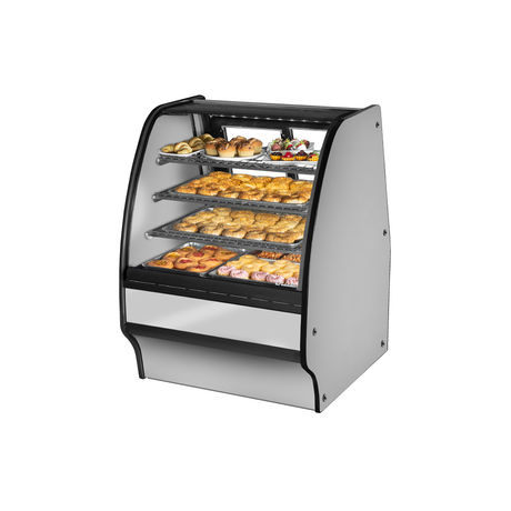 Curved-glass bakery display case showcasing pastries in True Refrigeration TGM-DC-36-SC/SC-S-S