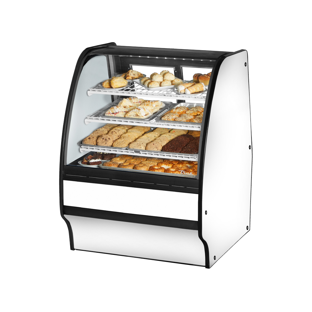 Curved glass display case showcasing baked goods in White Powder Coated Glass Merchandiser
