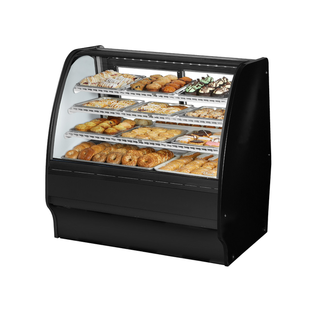 Curved-glass bakery display case showcasing pastries in True Refrigeration TGM-DC-48-SC/SC-B-W