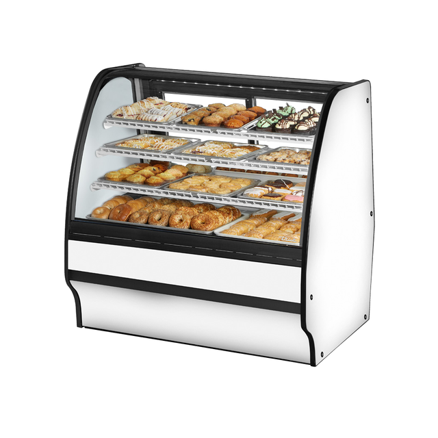 Curved Glass Bakery Display Case in White Powder Coated True Refrigeration Glass Merchandiser