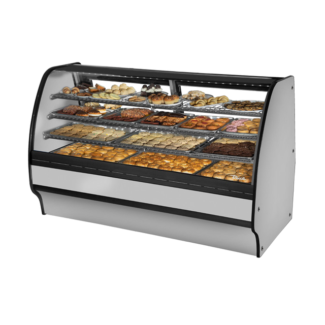 Curved-glass bakery display case with pastries in True Refrigeration TGM-DC-77-SC/SC-S-S