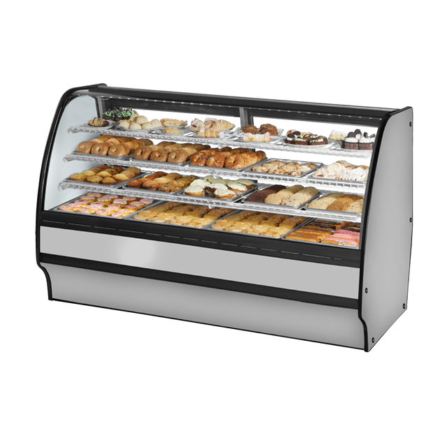 Curved-glass bakery display case with pastries in True Refrigeration TGM-DC-77-SC/SC-S-W