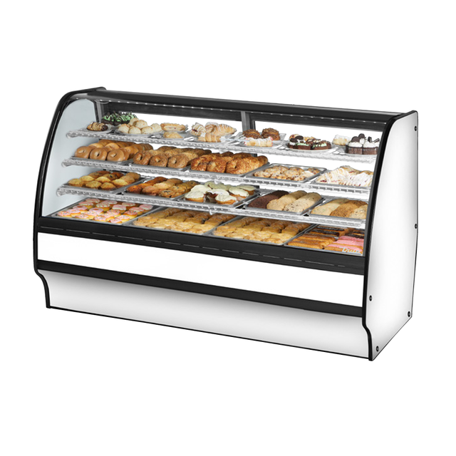 Curved-glass bakery display case with pastries in white powder coated True Refrigeration unit