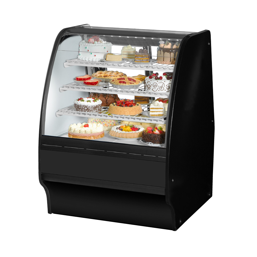 Curved-glass bakery display case with black powder-coated exterior for True Refrigeration TGM-R-36-SC/SC-B-W