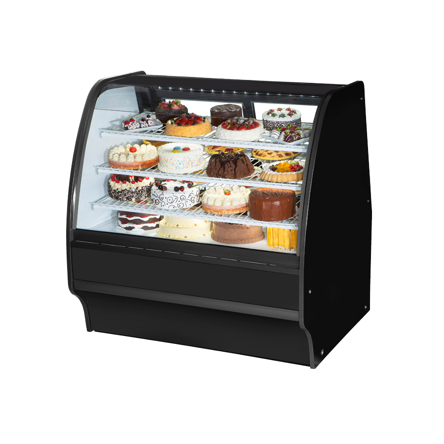 Curved-glass refrigerated bakery display case featuring assorted cakes in True Refrigeration TGM-R-48-SC/SC-B-W
