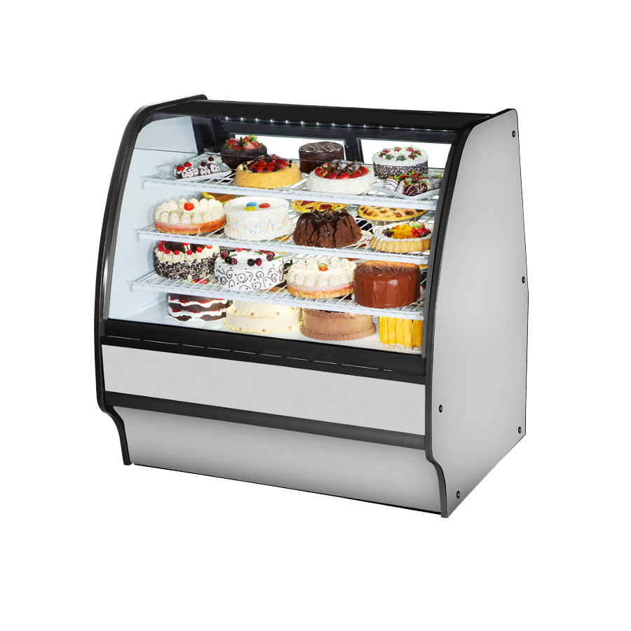Curved-glass refrigerated display case featuring desserts in True Refrigeration TGM-R-48-SC/SC-S-W