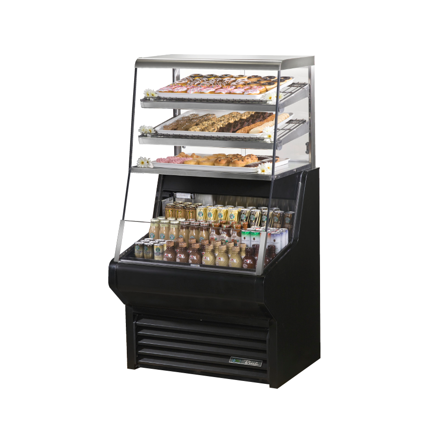 Commercial display case featuring refrigerated bottom and dry shelving above, True Refrigeration THAC-36DG-HC-LD Horizontal Air Curtain Dry Goods Merchandiser