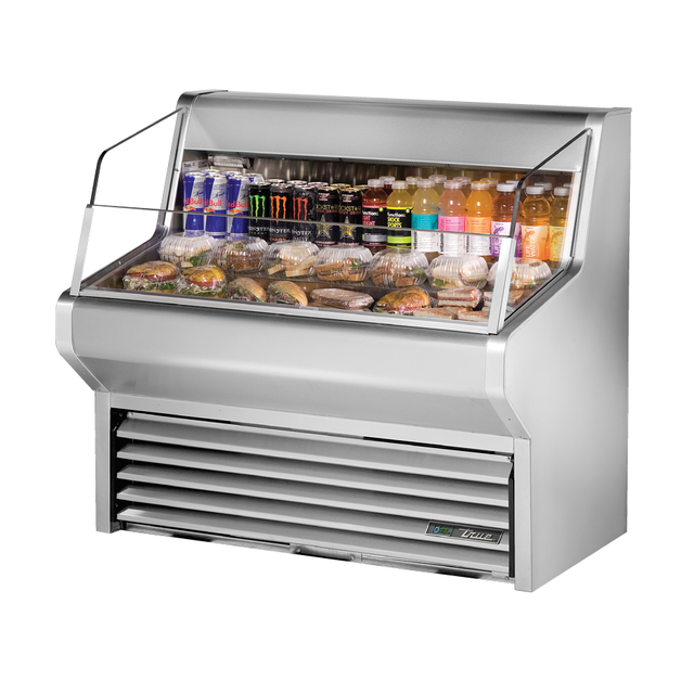 Stainless steel refrigerated deli display case featuring a slanted glass front of True Refrigeration THAC-48-S-HC-LD Horizontal Air Curtain Merchandiser