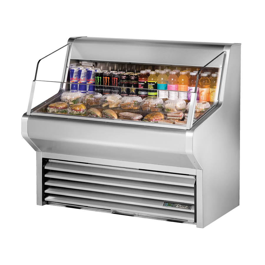 Stainless steel True Refrigeration THAC-48-S-LD horizontal air curtain display case with beverages and sandwiches