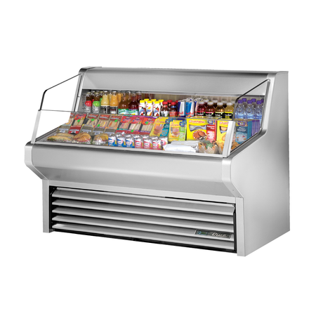 Stainless steel refrigerated display case showcasing food and beverages in a Horizontal Air Curtain