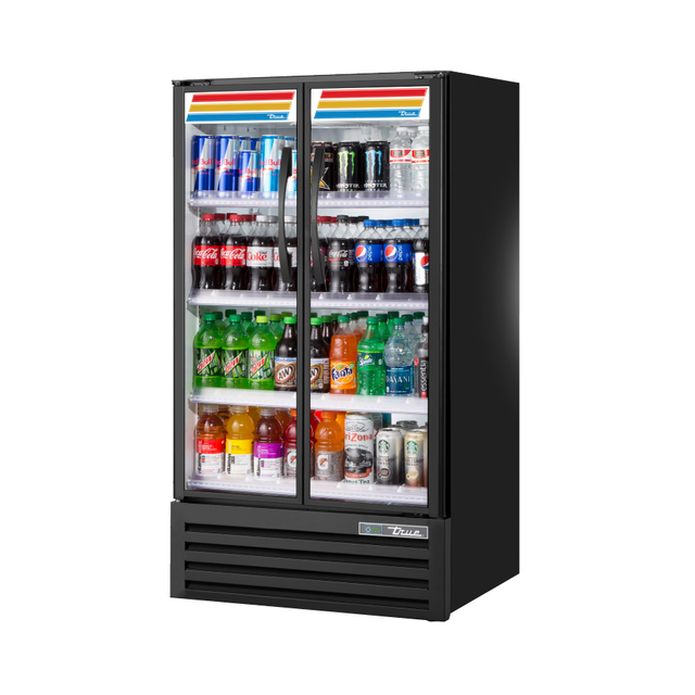 Double-door True Refrigeration TVM-30-HC Visual Refrigerated Merchandiser with drinks