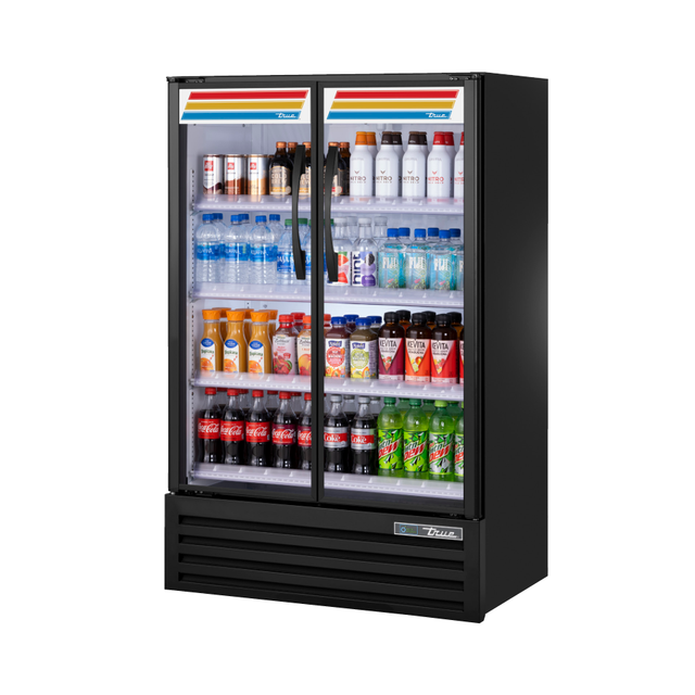 Commercial beverage refrigerator with glass doors showcasing drinks in a slim line visual design