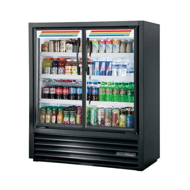 Commercial refrigerator with glass sliding doors showcasing beverages in a Slim Line Visual design