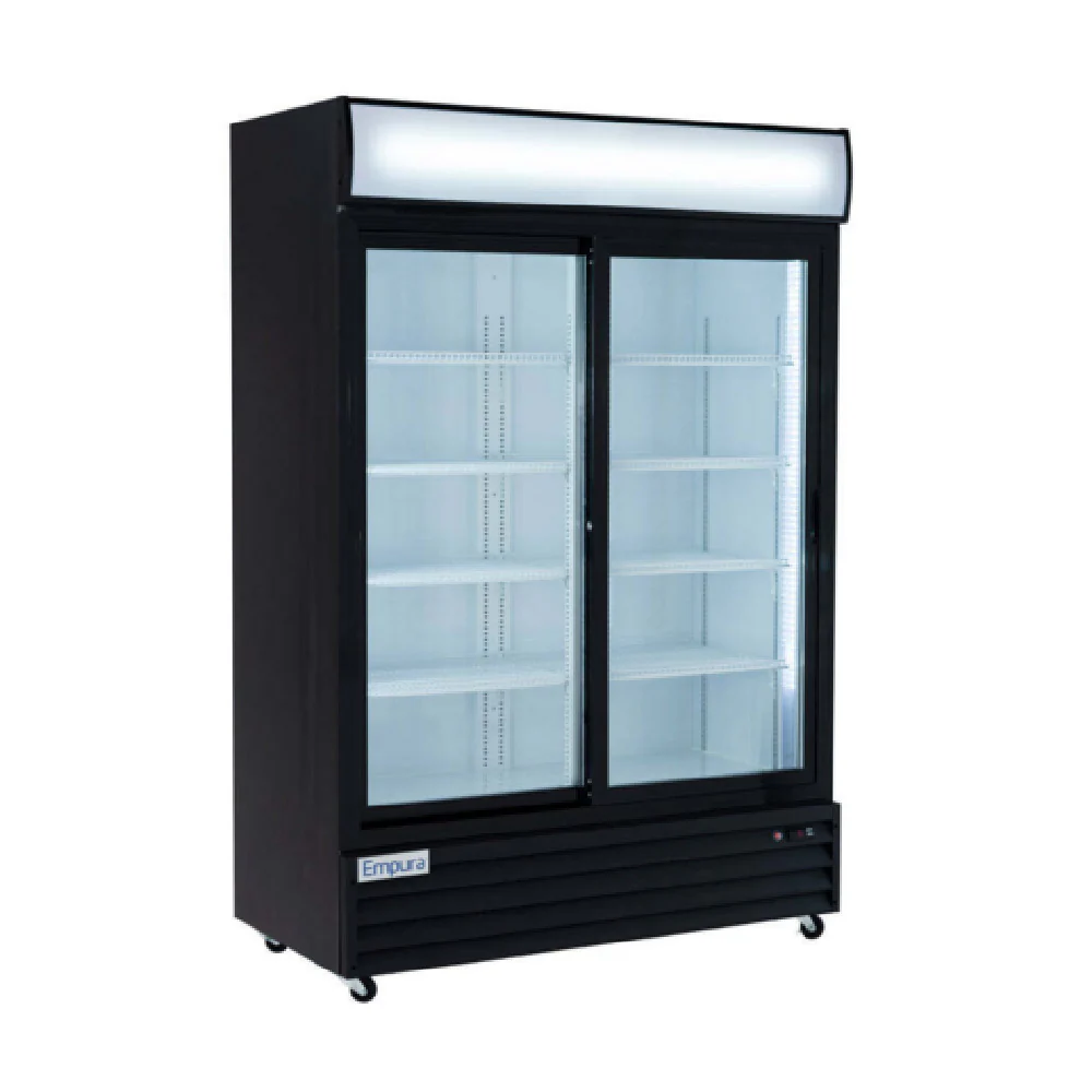 What is the temperature range of the refrigerated merchandiser?