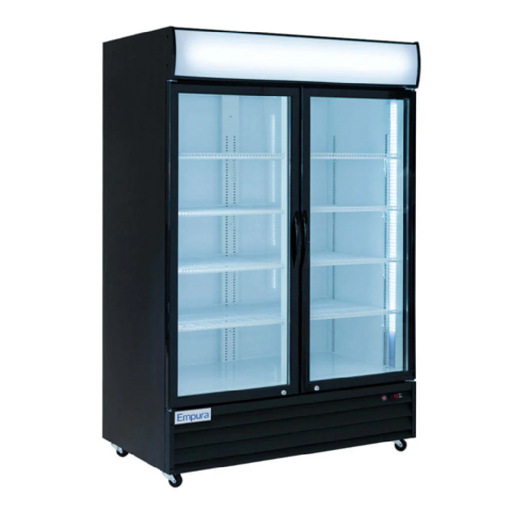 What is the temperature range of the refrigerated merchandiser?