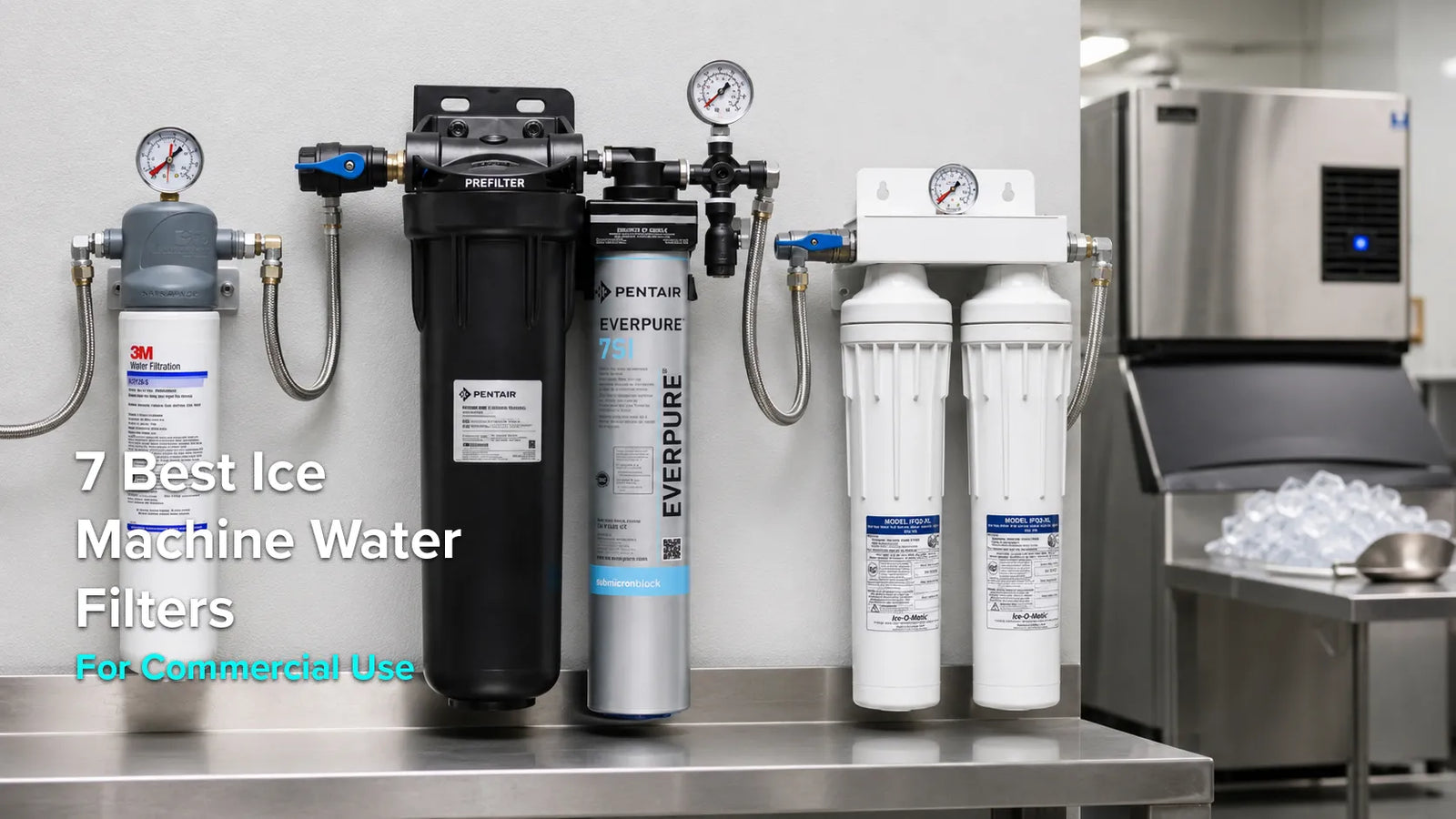 Commercial ice machine water filter systems mounted beside a stainless steel ice maker