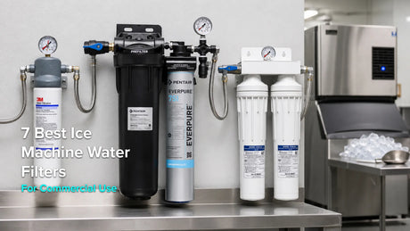 Commercial ice machine water filter systems mounted beside a stainless steel ice maker
