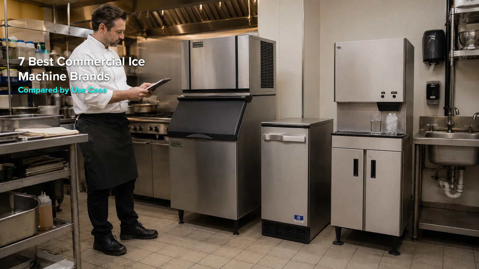 Chef comparing commercial ice machine brands and equipment formats in a restaurant kitchen