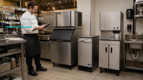 Chef comparing commercial ice machine brands and equipment formats in a restaurant kitchen