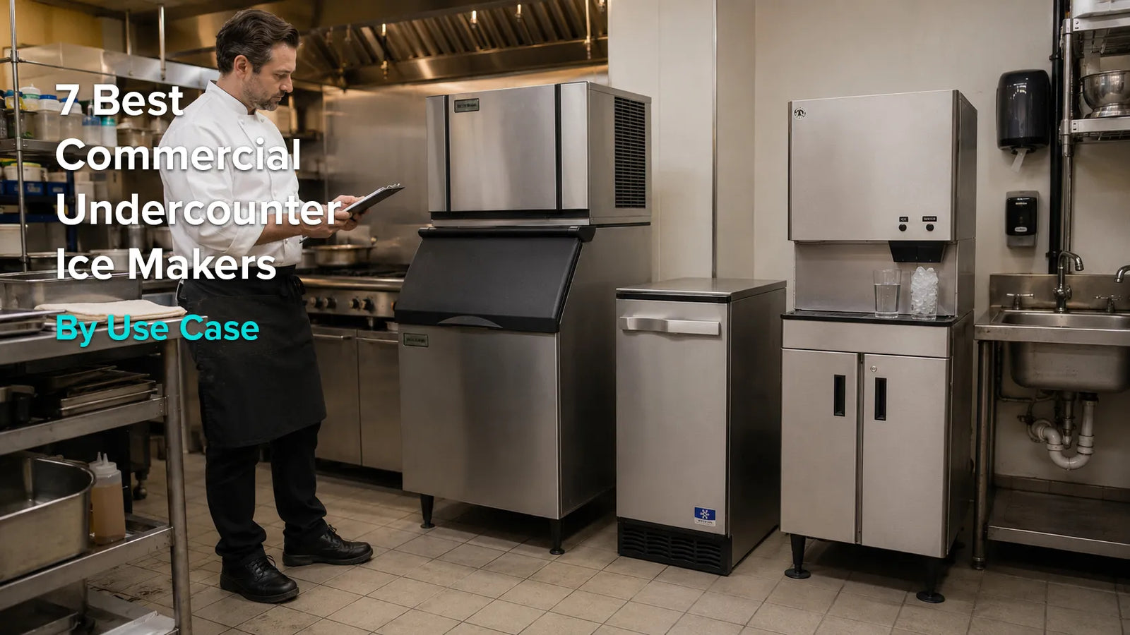 Chef comparing commercial ice machine brands and equipment formats in a restaurant kitchen