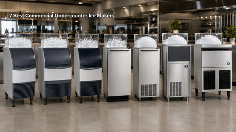 Seven commercial undercounter ice makers displaying cube, nugget, and flake ice