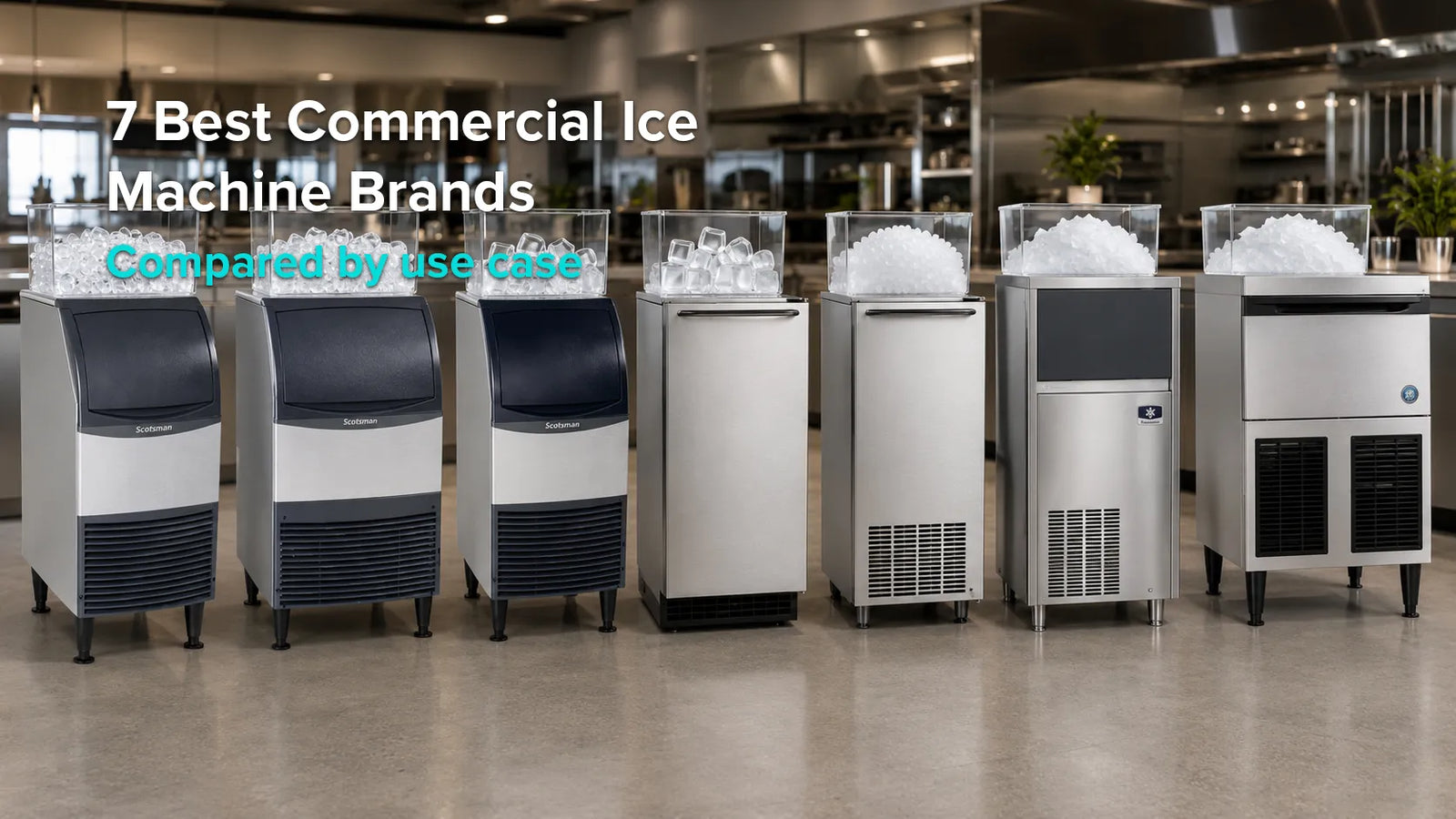 Seven commercial undercounter ice makers displaying cube, nugget, and flake ice