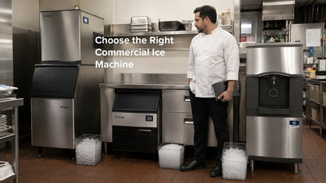 Chef comparing modular, undercounter, and dispenser-style commercial ice machines