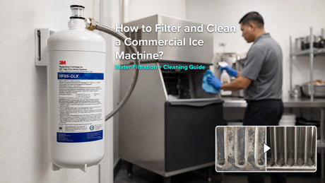 Commercial ice machine water filter, technician cleaning a unit, and before-and-after mineral buildup