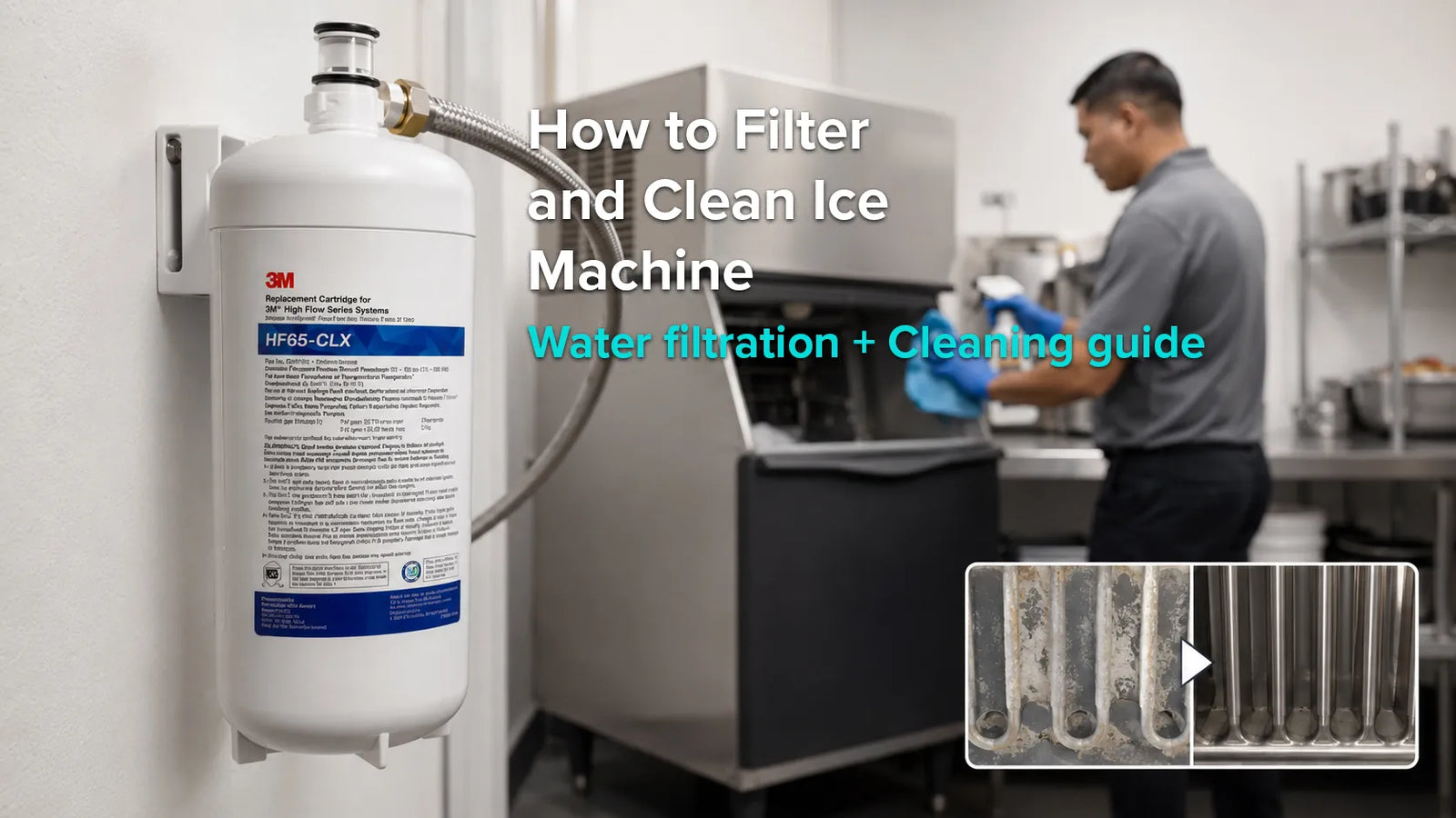 Commercial ice machine water filter, technician cleaning a unit, and before-and-after mineral buildup