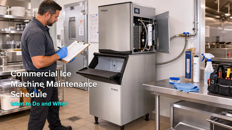 Technician inspecting a commercial ice machine with a maintenance checklist and cleaning supplies