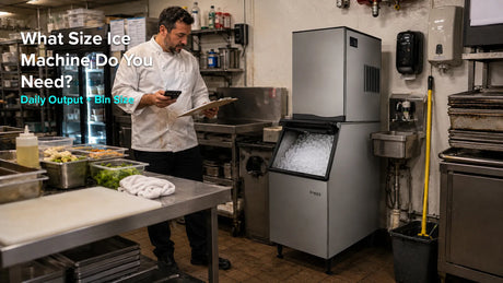 Chef calculating commercial ice machine sizing beside a modular unit and filled storage bin