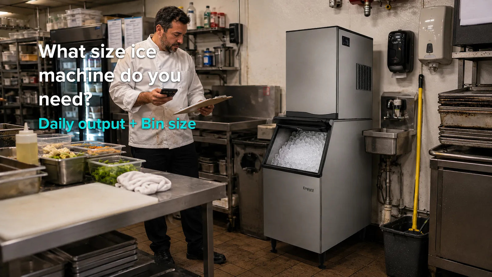 Chef calculating commercial ice machine sizing beside a modular unit and filled storage bin