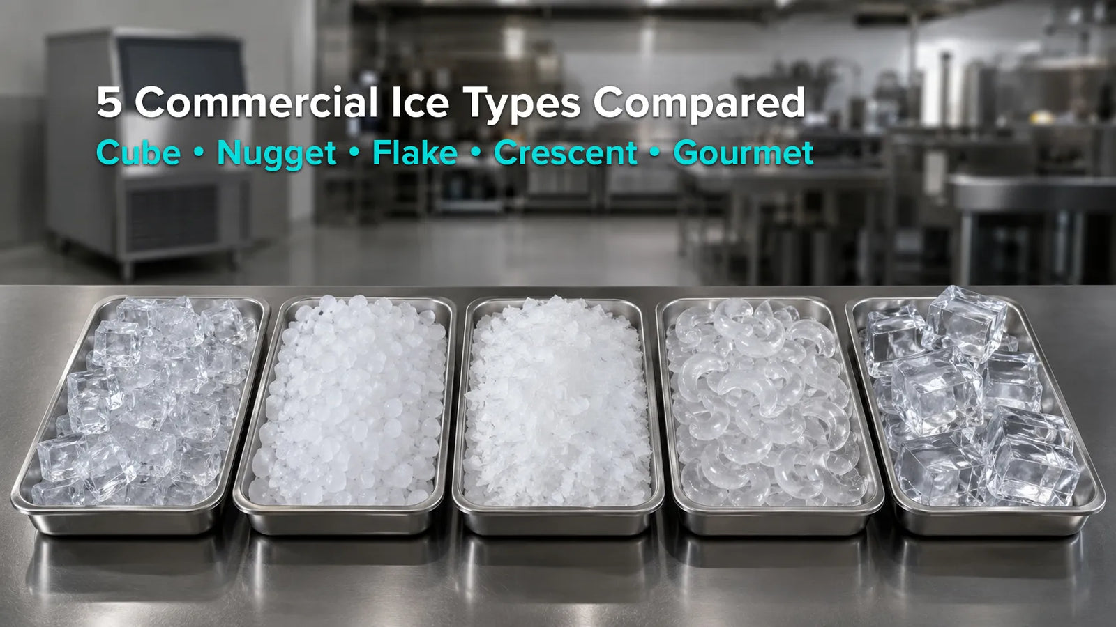 Cube, nugget, flake, crescent, and gourmet commercial ice types displayed in five metal trays