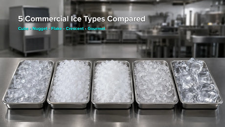 Cube, nugget, flake, crescent, and gourmet commercial ice types displayed in five metal trays