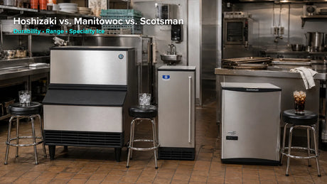 Hoshizaki, Manitowoc, and Scotsman commercial ice machines displayed side by side