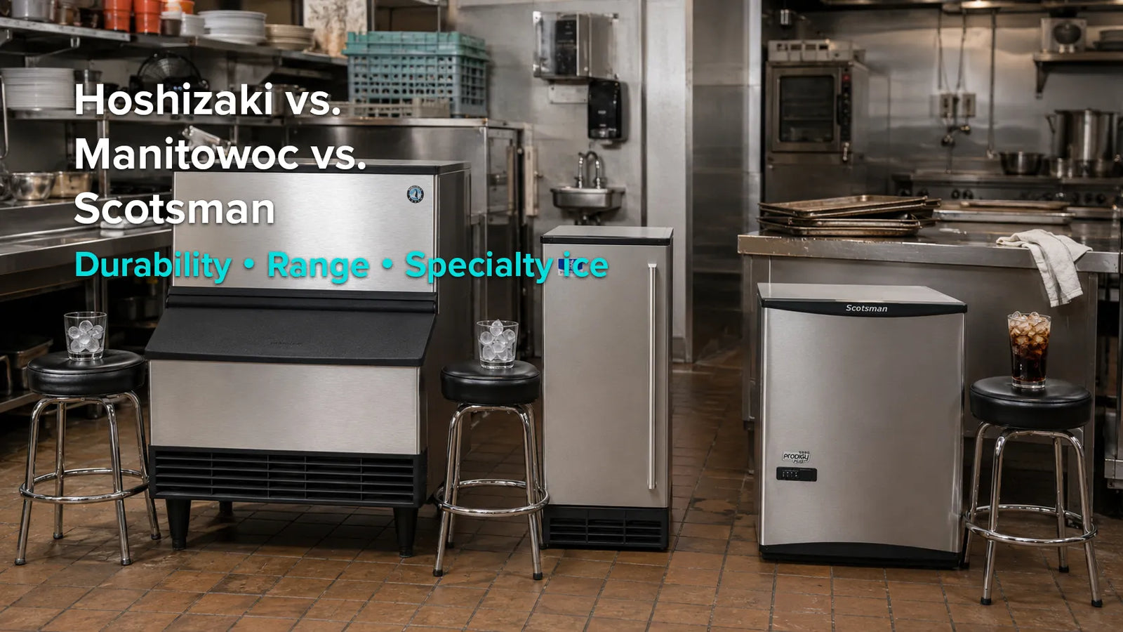 Hoshizaki, Manitowoc, and Scotsman commercial ice machines displayed side by side