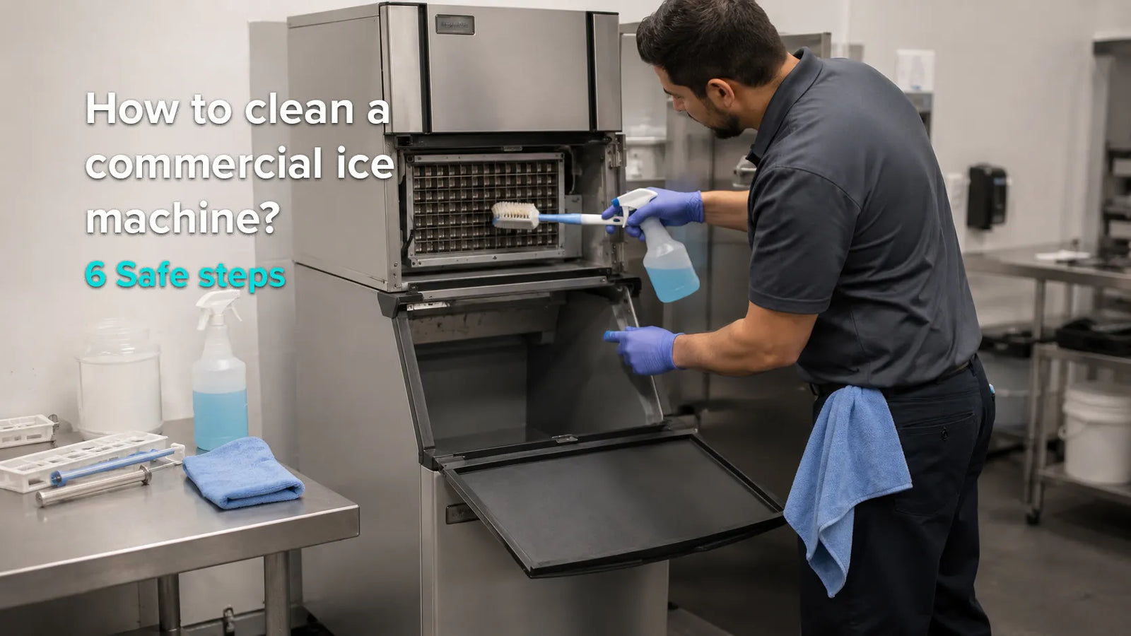 Technician cleaning the interior of a commercial ice machine with a brush and spray bottle