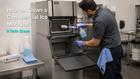 Technician cleaning the interior of a commercial ice machine with a brush and spray bottle