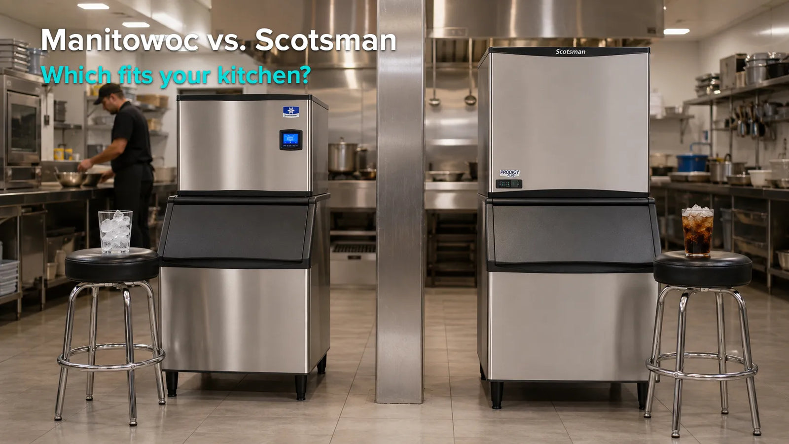Manitowoc and Scotsman commercial ice machines displayed side by side in a restaurant kitchen