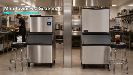 Manitowoc and Scotsman commercial ice machines displayed side by side in a restaurant kitchen